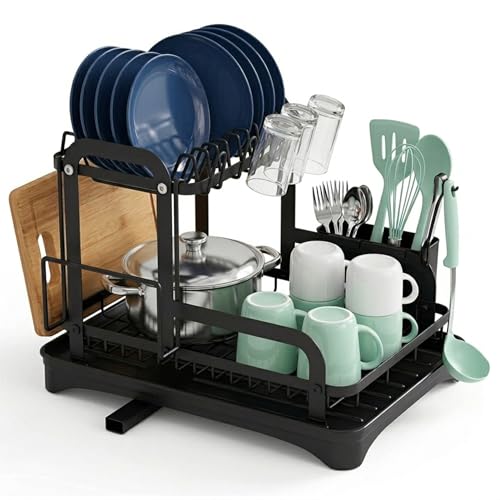 Genérico Escurreplatos de 2 Niveles para Encimera, Escurridor de Platos Moderno con Soporte para Utensillos y Vasos, Escurre Platos de Cocina para Fregadero con Bandeja de Drenaje automática