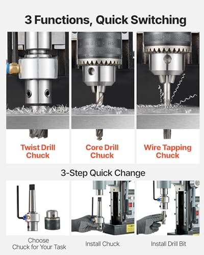 Image of VEVOR Magnetic Drill Press, 1550 W, 2.4 in Boring Diameter, 2922 lbf Power Mag Drill Press, 0-600 RPM Adjustable Speed, Morse Taper, M3-M16 Tapping, for Metal Surface, Industrial and Home Improvement | for Metal Surface Home Improvement Industry, 2922 lbf Magnetic Force, M3-M16 Tapping, Overload Protection & Cooling System