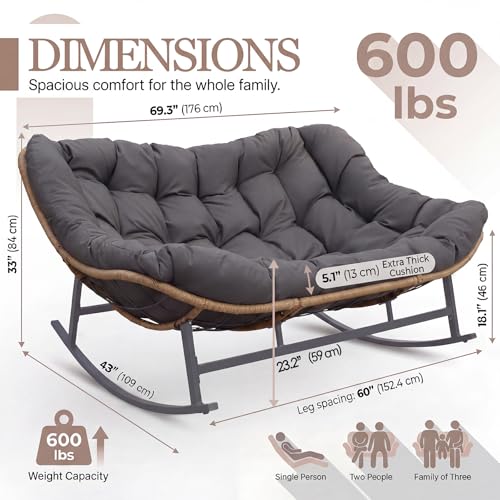 Image of NICESOUL Double Wide Rocking Papasan Chair Outdoor Indoor for 2, PE Wicker Patio Rocking Chair with Cushion and Frame, 700 lbs Heavy Duty Big Comfy Lounge Chair for Porch, Balcony & Living Room, Grey