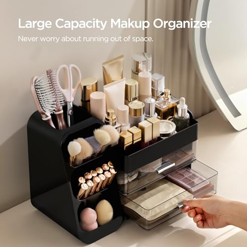 Image of HBlife Cologne Organizer for Men Makeup Organizer with Brush Holder for Vanity, Large Plastic Bathroom Countertop Organizer Skin Care Storage, Fathers Day Gift for Dad Husband, Black