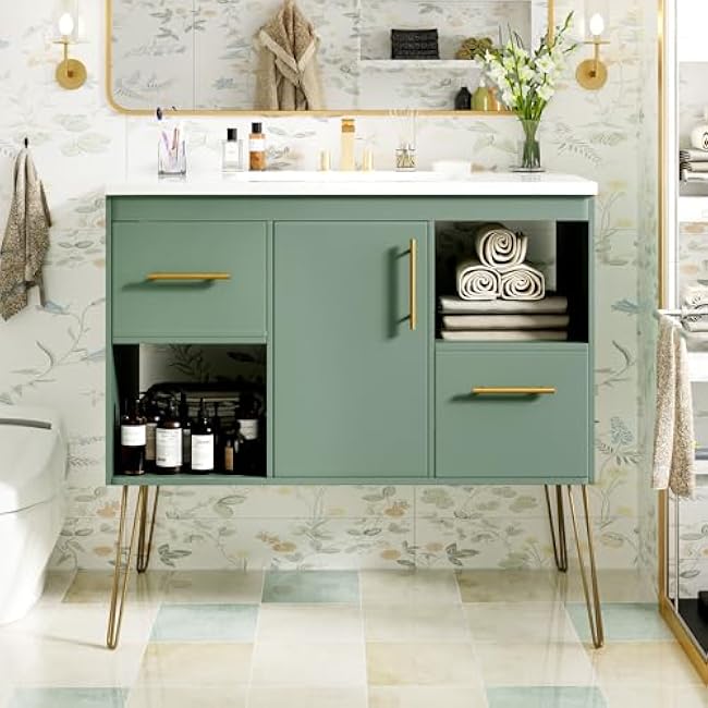 Bathroom Vanity Set, 36 Bathroom Vanity with Resin Sink Combo, Solid Wood Frame Bathroom Storage Cabinet with 5 Drawers & Soft Closing Doors, MDF Boards, Gold Metal Knobs