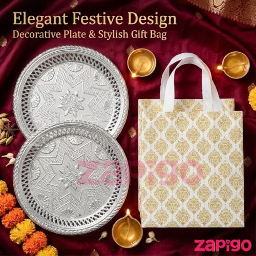 Image of Habba Silver Decorative Plate with Laminated Carry Bag, 7 Inch Pooja Thali, Traditional Return Gift for Diwali, Navratri, Wedding, Housewarming, Baby Shower, Festivals - Pack of 5