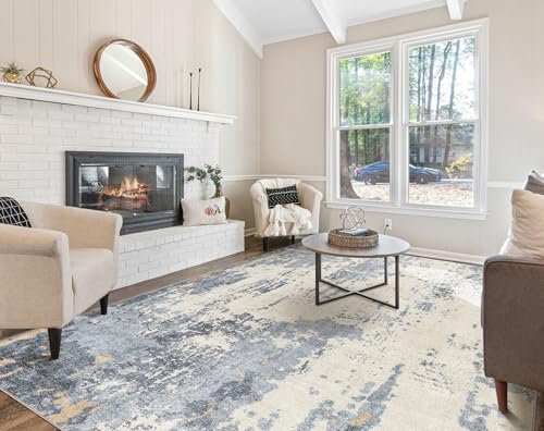 8x10 Area Rug Living Room Rugs - Washable Neutral Modern Abstract Soft Thin Rug Indoor Floor No Slip Rug Carpet for Bedroom Under Dining Table Home Office Decor - Blue/Light Brown