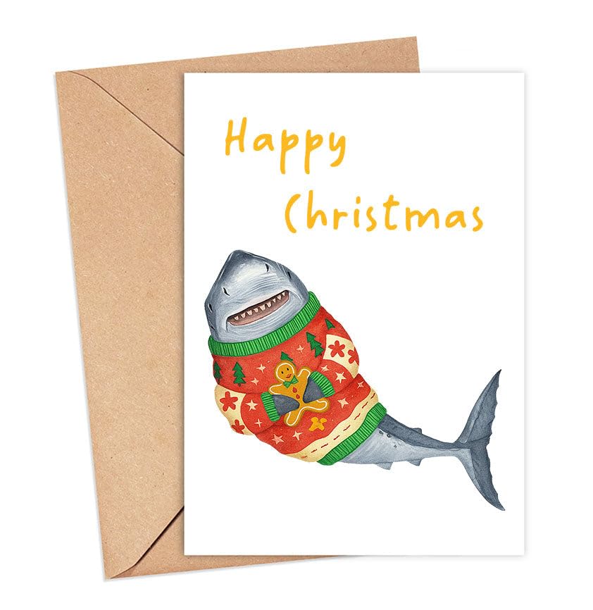 Sharks Happy Christmas Card - Christmas Jumper- Cute Sharks Greeting Card - Ocean Animal Xmas Gift - Unique Gifts For Him - Her - Friends - Family - Animal Lovers