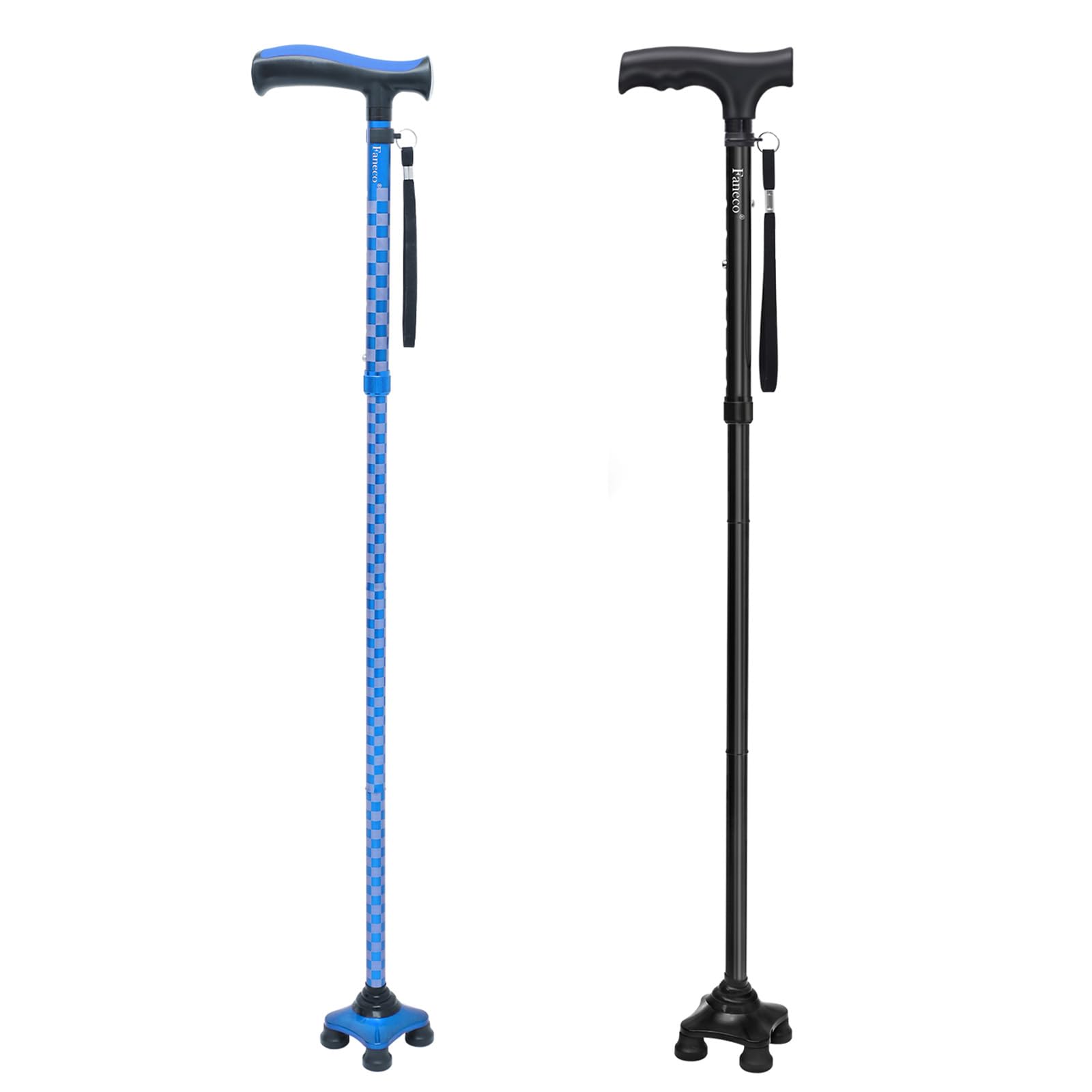 FANECO Walking Cane for Elderly, Folding Walking Stick for Seniors, Pivoting Quad Base, Lightweight Adjustable Walking Stick for Men/Women