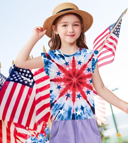 Image of Tkria Girls 4th of July Tank Tops Red White and Blue Shirt Toddler Girl American Flag Patriotic Outfit 2-7 Years
