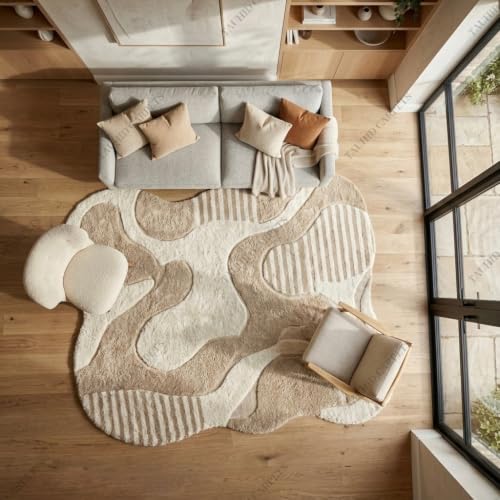 Image of Tauhid Carpet Super Soft Microfiber Shaggy Area Rug | Modern Irregular Abstract Beige & Cream Plush Carpet | Fluffy Floor Rug for Living Room, Bedroom 6 x 8 Feet.
