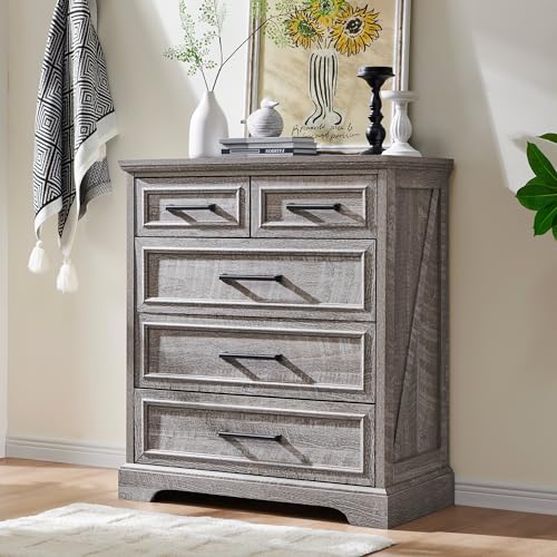 Farmhouse-5-Drawer-Dresser-for-Bedroom-36-Inch-Tall-Modern-Dresser-Chest-of-Drawers-Rustic-Wood-Storgae-Organizer-with-Large-Drawers-Bar-Handles-for-Bedroom-Living-Room-Hallway-Grey Farmhouse 5 Drawer Dresser for Bedroom 36 Inch Tall Modern Dresser Chest of Drawers Rustic Wood Storgae Organizer with Large Drawers Bar Handles for Bedroom Living Room Hallway Grey