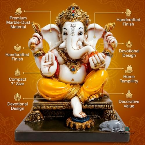 Image of Handcrafted Lord Ganesh Idol | Ganesha Statue for Home Temple, Pooja Room, Office Decor | Gold Painted Hindu God Figurine | Diwali, Housewarming & Wedding Gift (8 Inch, Marble Dust)