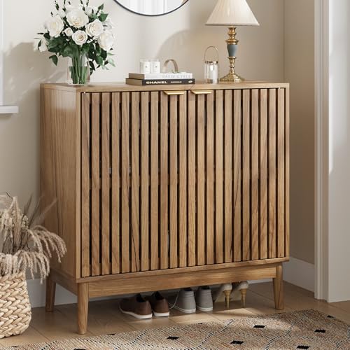 Kiasthome Zapatero de Madera con Estantes Ajustables, Organizador de Zapatos con Puertas Rejilladas, Mueble Zapatero para Entrada, Pasillo y Salón, Diseño Moderno (Madera Natural, 80 cm)