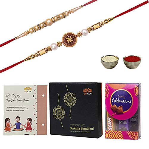 Gifticon Set of 2 Rakhi with Chocolate under 250 Celebrations (50) 1 Rakhi Greeting Card and Roli Chawal-IB14