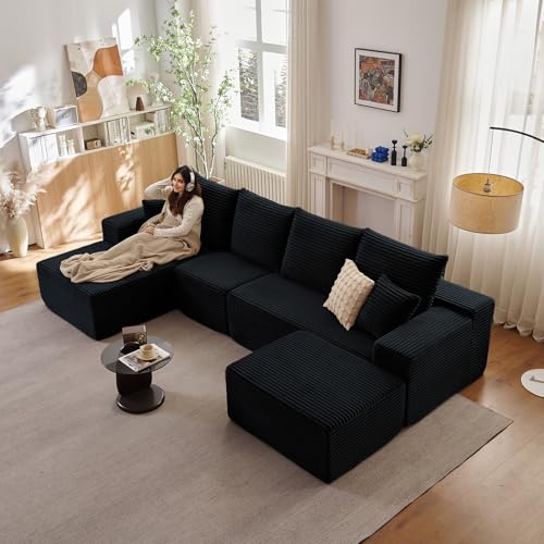 Image of 135.4 inch Boneless Cloud Sectional Couch Modular Sofa with Ottoman | Modern U-Shaped Couches, Comfy Corduroy Memory Foam Sofas with Oversized Chaise for Living Room (Black,Left-Facing Chaise)