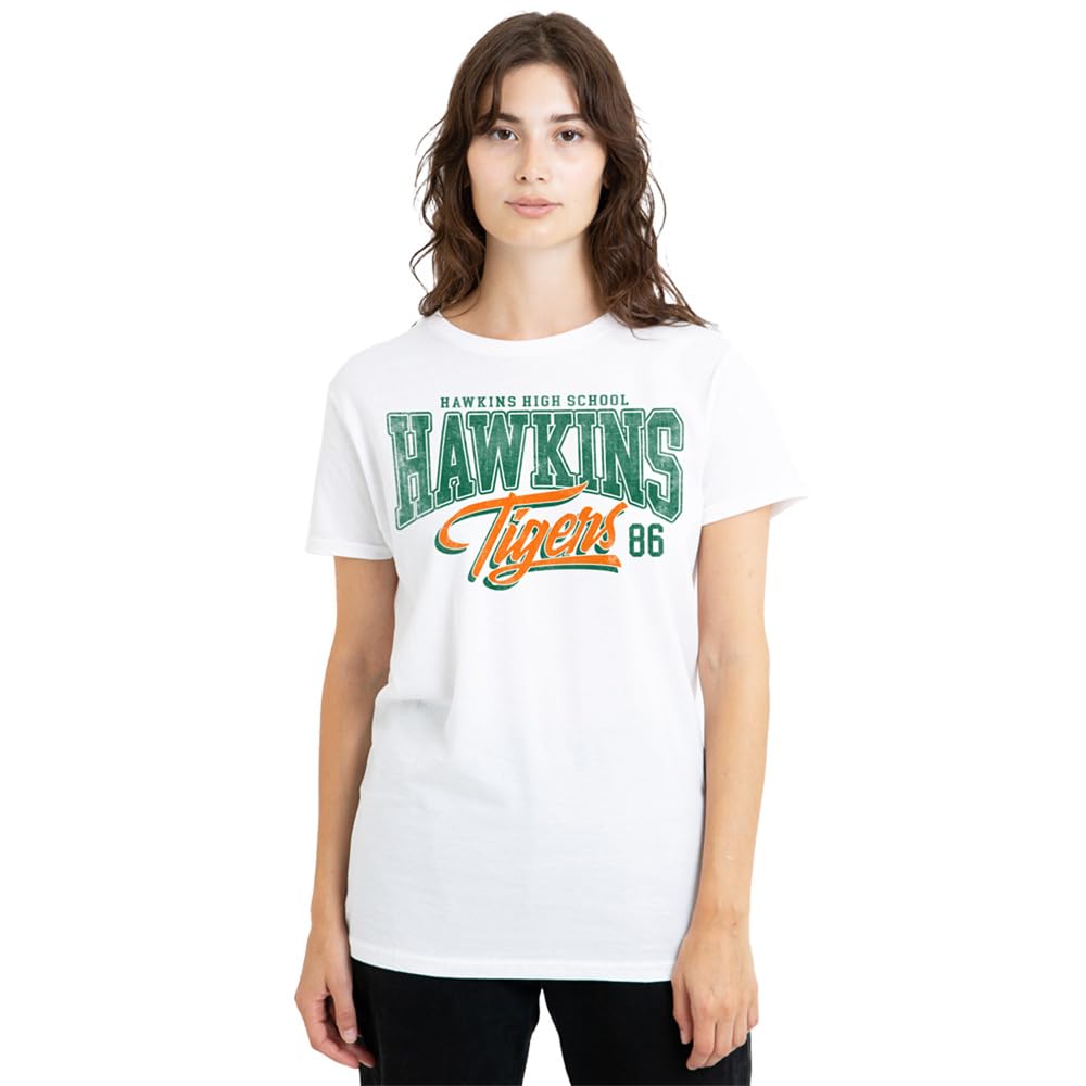 Stranger Things Womens Hawkins Tigers 86 Ladies Shirt, White, White, L UK