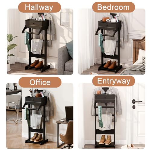 Image of Suit Valet Stand for Men, Wooden Clothes Rack with Drawer, Black