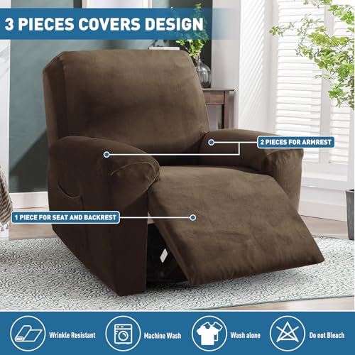Image of ZNSAYOTX 2026 Velvet Oversized Recliner Cover 3-Piece, Luxury Plush Recliner Chair Covers with Elastic Band & Ties Stay in Place, Stretch Reclining Slipcover for Lazy Boy Soft Washable (Dark Coffee)