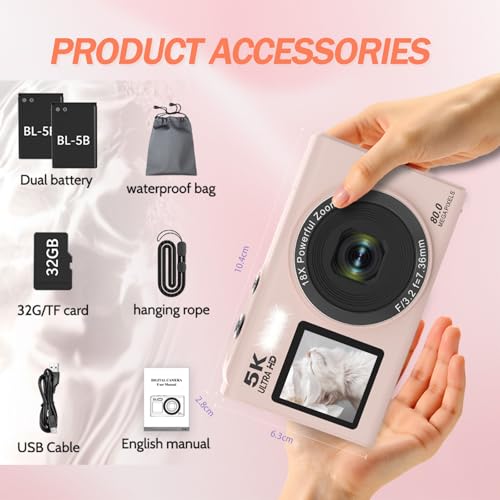 Image of 5K Digital Camera, Dual Screens Camera with 18X Digital Zoom, Compact Vlogging Camera for Teens, Beginner-Friendly Gift Pack, 32GB Card & 2 Batteries, Pink