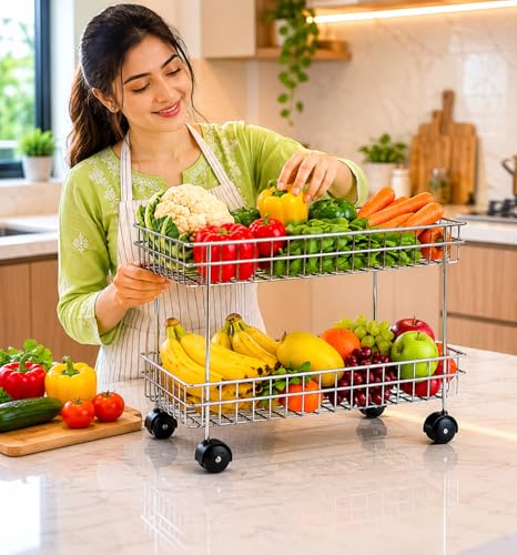 Image of Stainless Steel Kitchen Storage Trolley, 2 Layer, Folding Perforated Design, with Wheels, for Spice, Fruits and Vegetable Organiser (2 Tire Trolly)