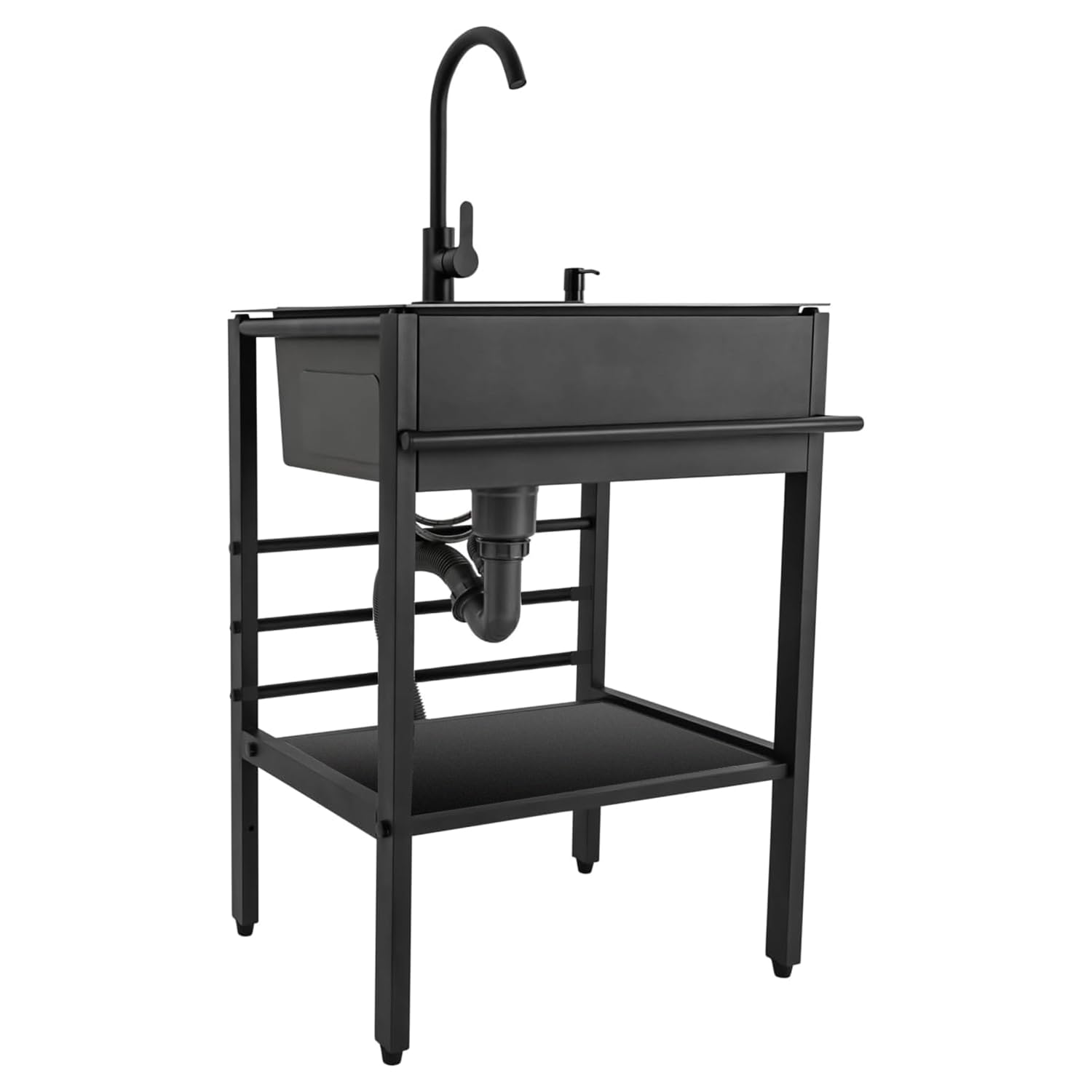 Lavello da cucina autoportante in acciaio inox con rubinetto nero, stazione di lavaggio mobile, protezione troppopieno, 72 x 40 x 86 cm, ideale per Spültisch e Garten.