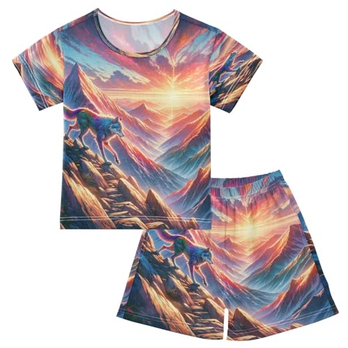 senya Short Sleeve Pajamas Sets Summer Cotton Sleepwear Wolf Walking Across Mountin