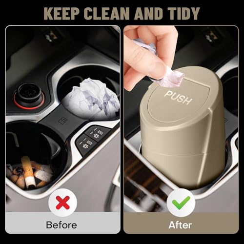 Image of Car Trash Can Bin with Lid - Car Garbage Can Cup Holder - Beige Mini Leakproof Vehicle Trash Garbage Can Bin with 20pcs Trash Bags-Car Organizers and Storage for Front Back Seat Accessories