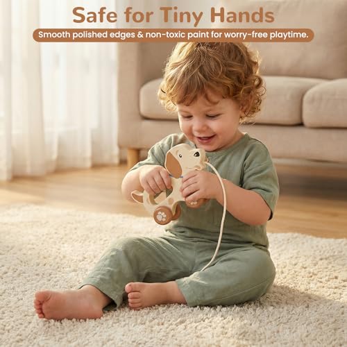 Image of Baby Toys Car,Wooden Pull Along Toddler Toy, Developmental Toy for 1 Year Old Girl Boy Birthday Gift (Cute Dog)