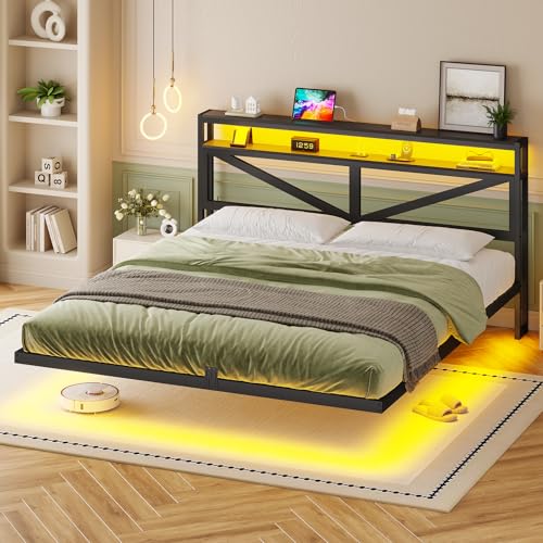 AOGLLATI Cama de Matrimonio de 180 x 200 cm, Estructura de Cama con iluminación LED y estación de Carga, Cama de Metal con Efecto Visual Flotante para Dormitorio, Color Negro