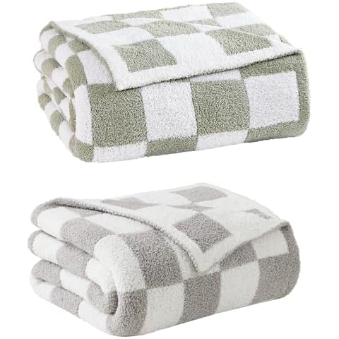 WRENSONGE Soft Checkered Throw Blanket Light Grey 50x70 inch and Warm Throw Blanket Sage Green 50x70 inch Cover