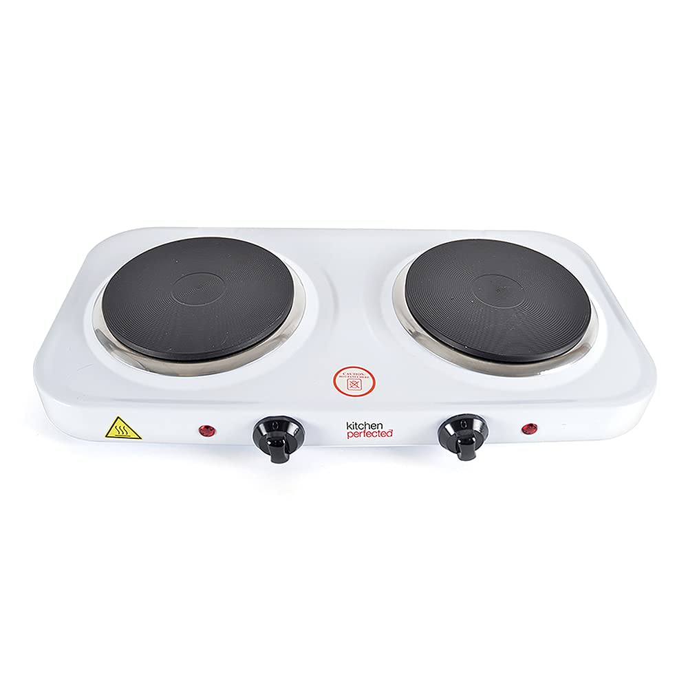 Kitchen Perfected 2000W Double Hotplate/Cast Iron/Variable Heat Settings/Overheat Protection/Corrosion Resistant/Power Indicator/Non Slip Feet/Easy Clean - White - E4202WH