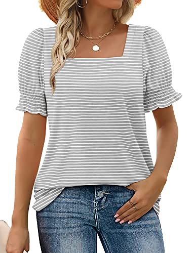 Image of WIHOLL Tops for Women Summer Casual Ruffle Trim Sleeve Square Neck T Shirts