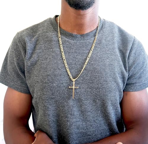 Image of ADORATO JEWELRY 24K Gold Figaro Chain Style Cross Pendant Necklace 5MM Cross Necklace Clasp for MEN, HUSBAND Thin for Charms Miami Cuban Link Diamond Cut Religious Beveled Edge