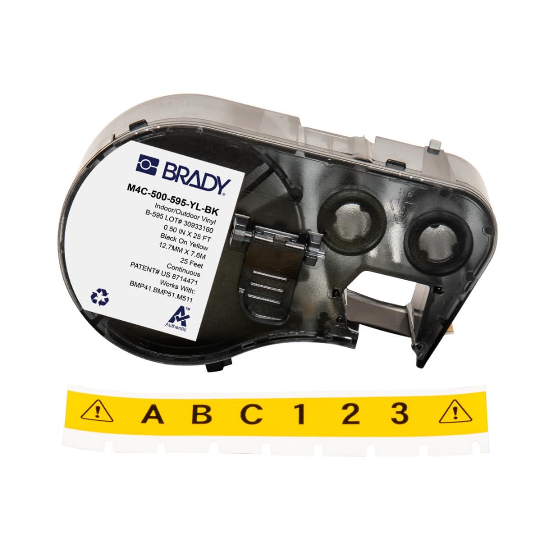 Brady Nastro in Vinile per Stampante Etichette BMP41/BMP51/BMP53/M511 - Etichette Industriali Adesive - Nero su giallo (12,70 mm (L) x 7,62 m (l)) - M4C-500-595-YL-BK