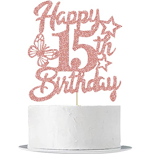 Rose Gold Glitter Happy 15th Birthday Cake Topper with Cupcake Toppers 15th Birthday Cupcake Decoration 15th Birthday Cake Decor 15th Birthday Anniversary Party Decorations with Star Cake Topper Love Cake Topper Butterfly Cake Topper for Boys or Girl