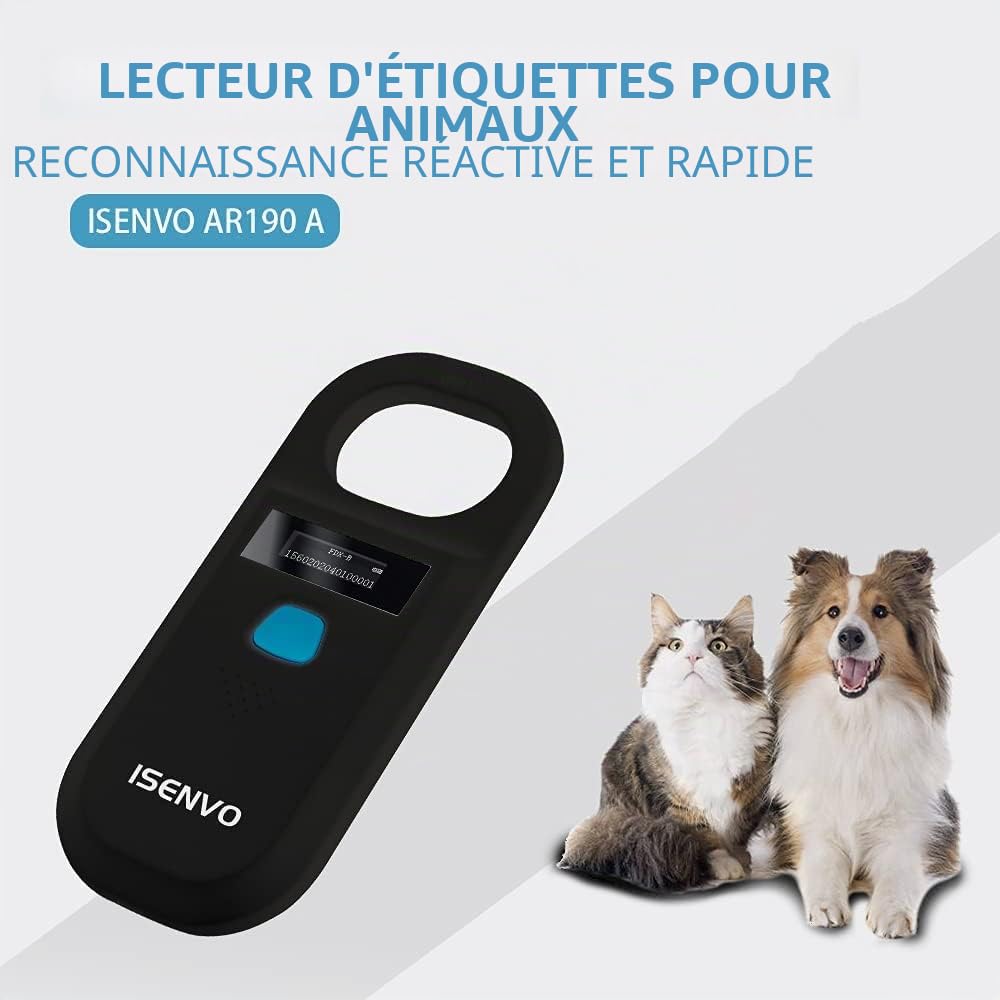 Lecteur de Puces pour Animaux Rechargeable RFID EMID pour Animaux Domestiques 134,2 kHz 125 kHz 15 Chiffres pour Animaux de Compagnie/Animaux de Compagnie/Cochons/Chiens/Chats (190 A)