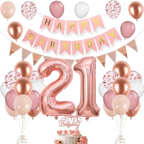 21. Geburtstag Deko Roségold, Luftballon 21. Geburtstags, Geburtstagsdeko 21 Jahr, Mädchen 21 jahre Geburtstags Deko-Set, Zahl 21 Luftballons Tortendeko Roségold Weiß Ballons für G