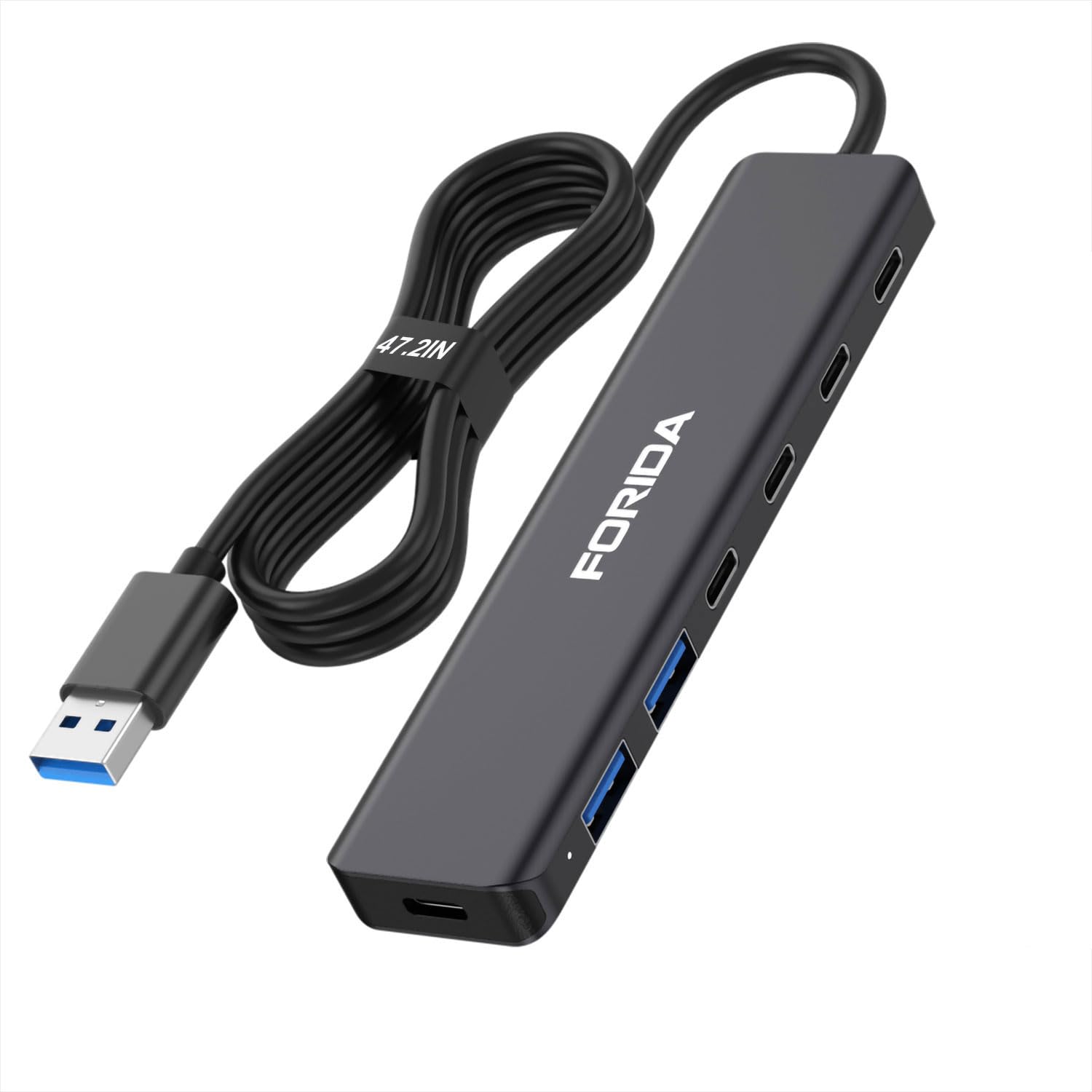 FORIDA Hub USB a 7 porte, hub multi-porta USB 3.0 in alluminio con cavo lungo 1,9 m, 4 USB-C 3.0 (5 Gbps), 2 porte USB-A 2.0 e 1 porta di alimentazione tipo C 5 V, prolunga USB per computer desktop PC