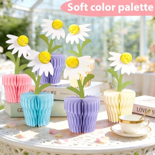 Image of 8Pcs Daisy Honeycomb Centerpieces Table Decorations 7 inch Flower Table Decor | Daisy Honeycomb Centerpieces set, 4 Pastel Colors, 3D Floral Daisy Centerpiece for Baby Showers, Birthdays, and Spring Party