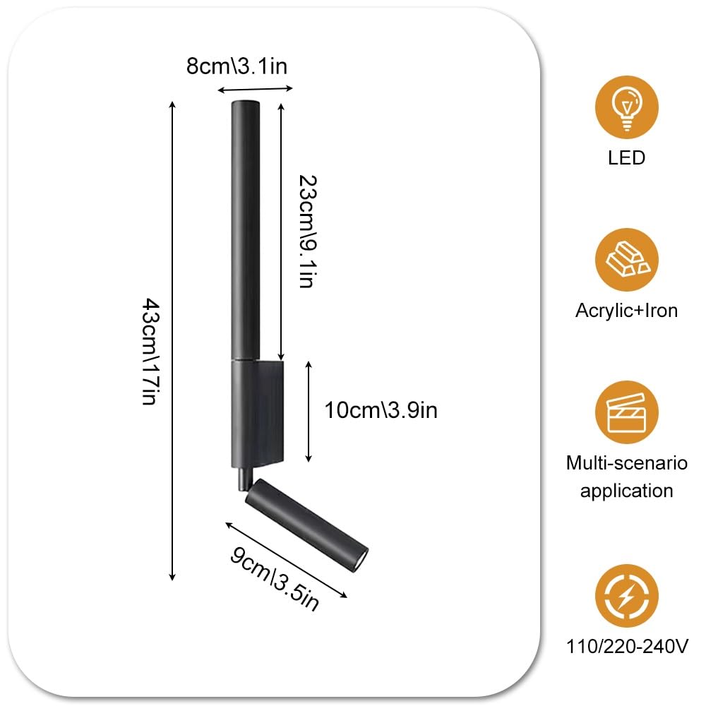 Lámpara de Pared de Tubo Largo Ultrafino, luz Lineal de Metal con Acabado Negro, Aplique de Lectura de mesilla de Noche Ajustable, lámparas LED Modernas - 4000K, Luces ambientales