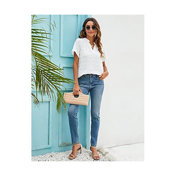 Blooming-Jelly-Womens-White-Chiffon-Blouses-Short-Sleeve-V-Neck-Shirts-Summer-Casual-Polka-Dot-Tops Blooming Jelly Womens White Chiffon Blouses Short Sleeve V Neck Shirts Summer Casual Polka Dot Tops (M,White)