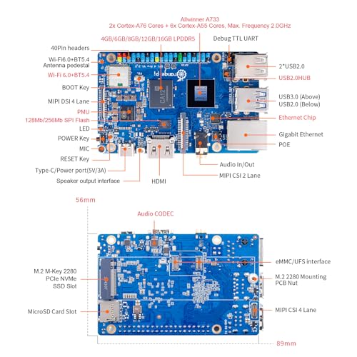 Image of Orange Pi 4 Pro 4GB LPDDR5 8 Core 64 Bit Single Board Computer, 3TOPS AI NPU Allwinner A733 WiFi 6 & Bluetooth 5.4 Frequency 2.0GHz Mini PC Run Android, Linux, Orange Pi OS