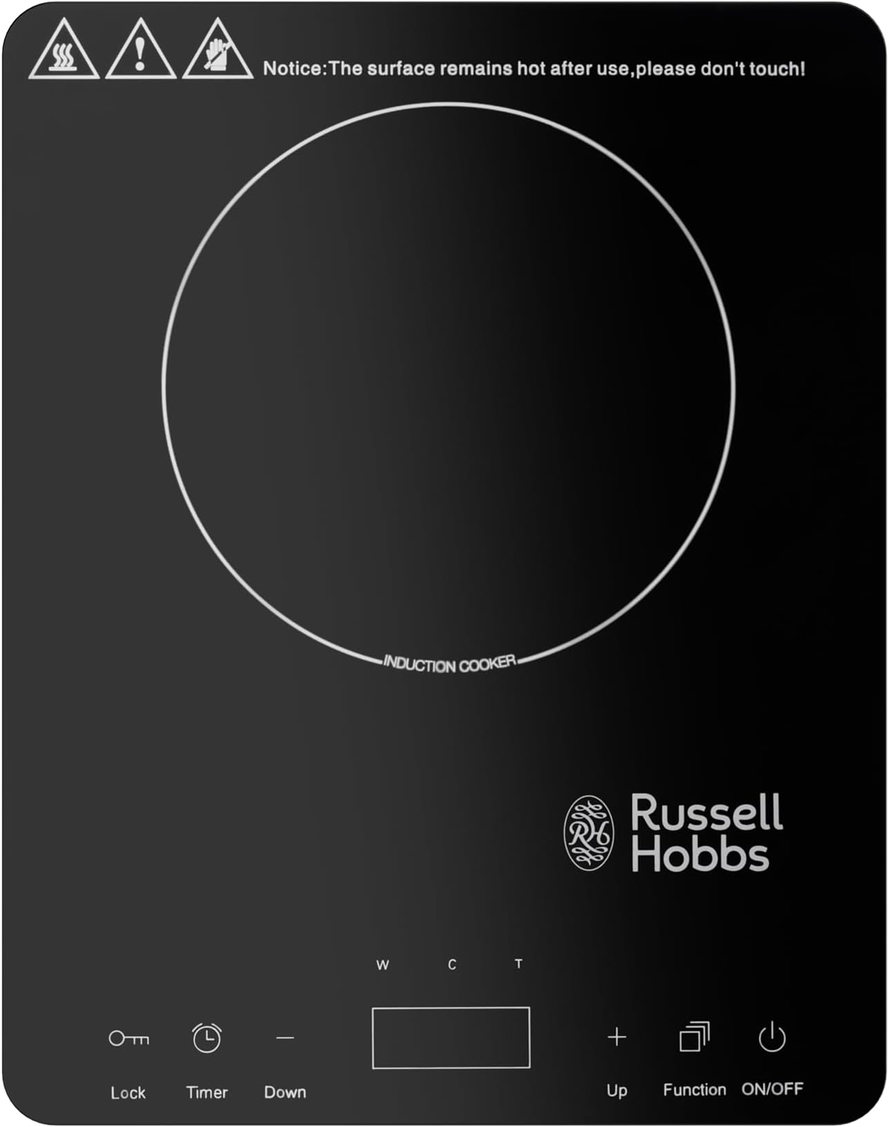 Russell Hobbs T2 Single Induction Cooktop 2000W, Compact Design, Portable Cooking Solution with Temperature Control, 3hrs Programmable Timer, Touch Control- Black