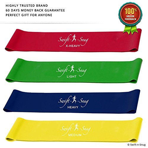 Swift-n-Snug Best Workout Bands from Resistance Exercise Bands : X-Heavy, Heavy, Medium & Light in Free Nylon Carry Pouch for a Toned Body, Set of 4