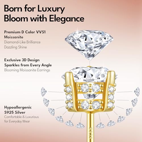 KRKC Moissanite Earrings, Lab Grown Diamond Stud Earrings for Women, 14K Golden Plated Sterling Silver, Bloom Design, 2 Carat D Color VVS1, Hypoallergenic, Gift for Wife, Mom, Her4