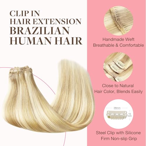 Image of GOO GOO Clip in Hair Extensions Real Human Hair, Remy Human Hair Extensions Clip ins for Women, Natural Human Hair, 18inch 120g 7Pcs, 18D /22F Dirty Blonde Highlights