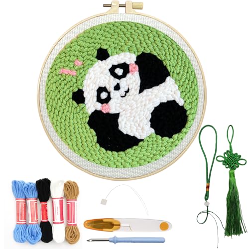 Image of Danvk Panda Punch Embroidery Kit with Embroidery Fabric, Hoop,Scissor,Punch Needle and Yarns, Hand Craft Gift,DIY Embroidery Kits, Hand Punch Needle Kit for Women and Beginners(Panda-Smiling)