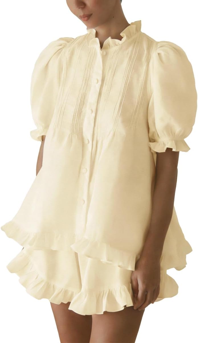 Womens Ruffle Short Set Fashion Summer Puff Sleeve Button Down Top and Shorts Cotton 2 Piece Outfits
