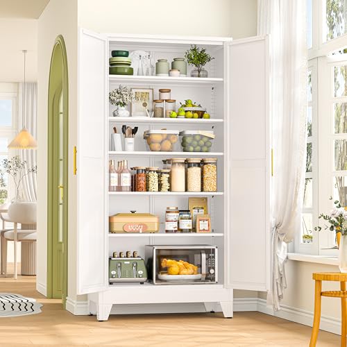 Image of GAIOUS 75.2 inch Tall Metal Storage Cabinet with 2 Doors and 5 Adjustable Shelves, New upgrade Kitchen Pantry Cabinet, White Freestanding Cupboard, 6 Tier Steel Storage for Office, Kitchen, Dining, Garage