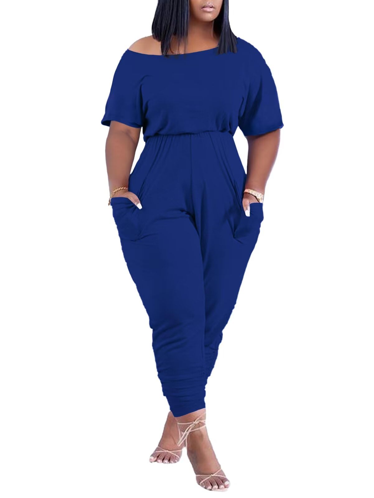 acelyn Casual One Piece Loose Jumpsuit for Women Summer Plus Size Overalls Off Shoulder Pockets Romper