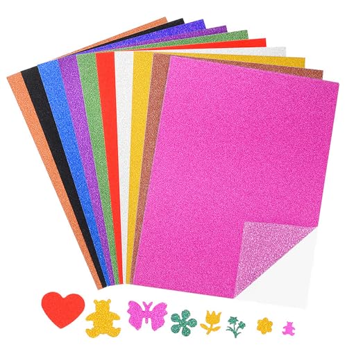 10 Blatt Glitzerpapier Selbstklebend,Zufällige Farben 80 g/m²-A4 Größe Bunt Klebefolie für DIY Handwerk Grußkarten Beschilderung Scrapbooking und Weihnachten Basteln Dekoration Usw (21 x 29.7 cm)