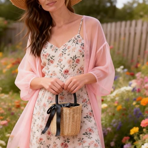 Bolso de paja tipo tote para mujer, bolso cilíndrico tejido a mano con cinta, ideal para playa, vacaciones, viajes y uso diario miniatura 2