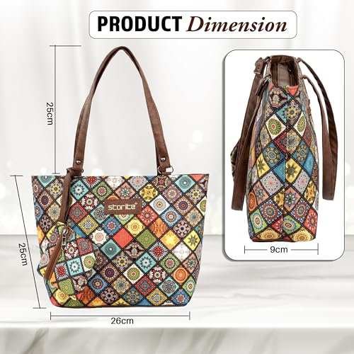 Image of Storite Women's Tote Bag with Leather Handles & Embroidery Printed Handbag with Zip Pockets, Shoulder Tote Bag and Handbag for Office and College
